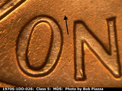 Die-stage B marker on 1970S•1DO•026 (1970 Doubled Die Obverse).