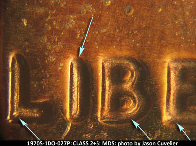 Die-stage B marker on 1970S•1DO•027P (1970 Doubled Die Obverse).
