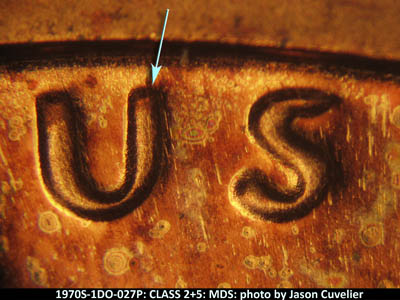 Die-stage B marker on 1970S•1DO•027P (1970 Doubled Die Obverse).