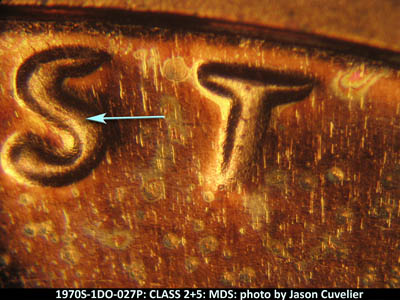 Die-stage B marker on 1970S•1DO•027P (1970 Doubled Die Obverse).