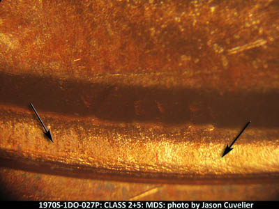 Die-stage B marker on 1970S•1DO•027P (1970 Doubled Die Obverse).
