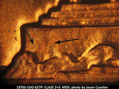 Die-stage B marker on 1970S•1DO•027P (1970 Doubled Die Obverse).