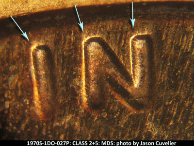 Die-stage B marker on 1970S•1DO•027P (1970 Doubled Die Obverse).