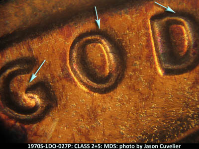 Die-stage B marker on 1970S•1DO•027P (1970 Doubled Die Obverse).