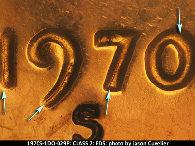 Die-stage A marker on 1970S•1DO•029P (1970 Doubled Die Obverse).