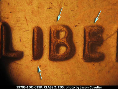 Die-stage A marker on 1970S•1DO•029P (1970 Doubled Die Obverse).