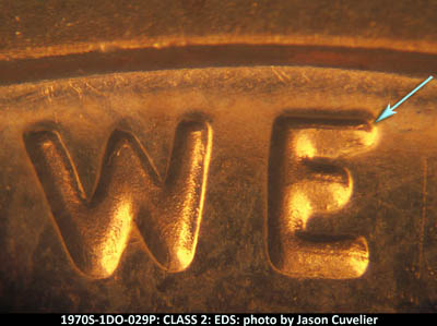 Die-stage A marker on 1970S•1DO•029P (1970 Doubled Die Obverse).