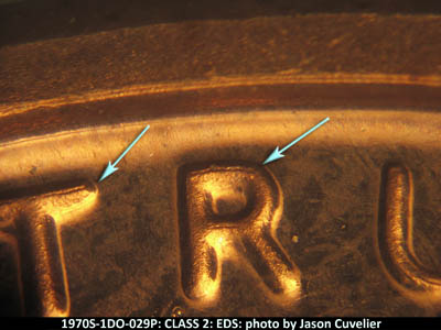 Die-stage A marker on 1970S•1DO•029P (1970 Doubled Die Obverse).