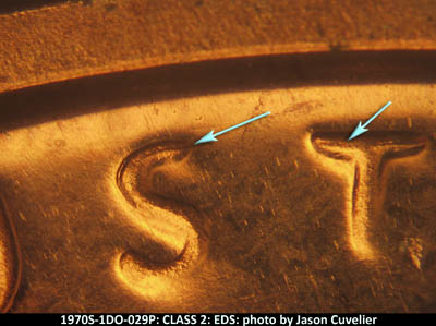 Die-stage A marker on 1970S•1DO•029P (1970 Doubled Die Obverse).