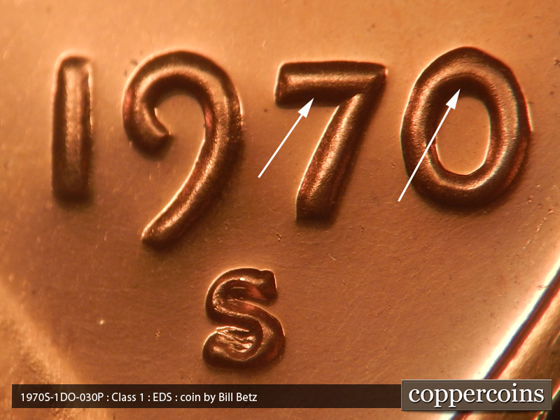 Die-stage A marker on 1970S•1DO•030P (1970 Doubled Die Obverse).
