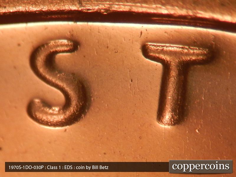 Die-stage A marker on 1970S•1DO•030P (1970 Doubled Die Obverse).