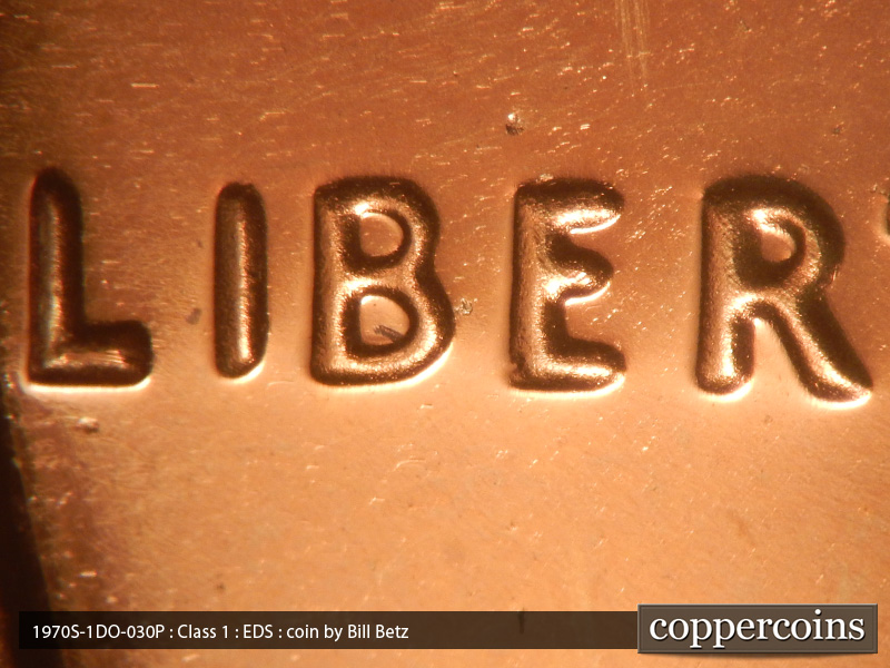 Die-stage A marker on 1970S•1DO•030P (1970 Doubled Die Obverse).