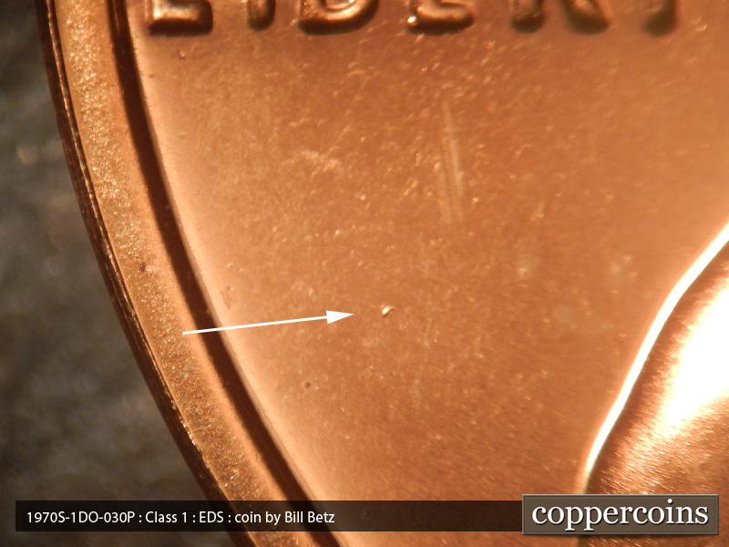 Die-stage A marker on 1970S•1DO•030P (1970 Doubled Die Obverse).
