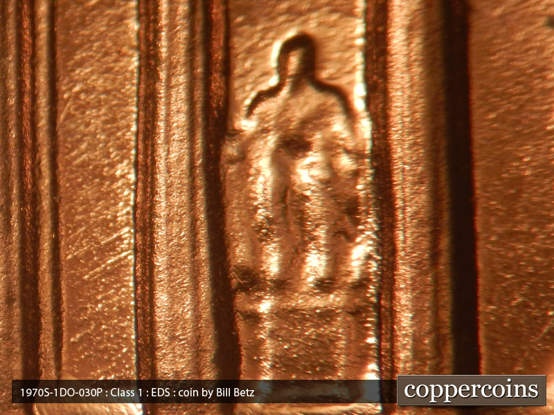 Die-stage A marker on 1970S•1DO•030P (1970 Doubled Die Obverse).