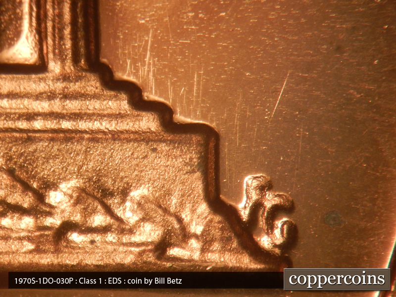 Die-stage A marker on 1970S•1DO•030P (1970 Doubled Die Obverse).