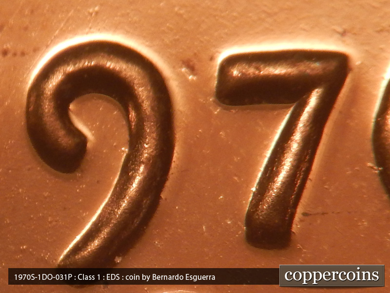 Die-stage A marker on 1970S•1DO•031P (1970 Doubled Die Obverse).