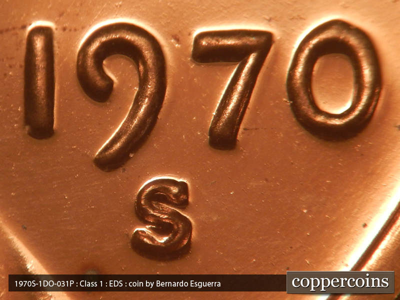 Die-stage A marker on 1970S•1DO•031P (1970 Doubled Die Obverse).