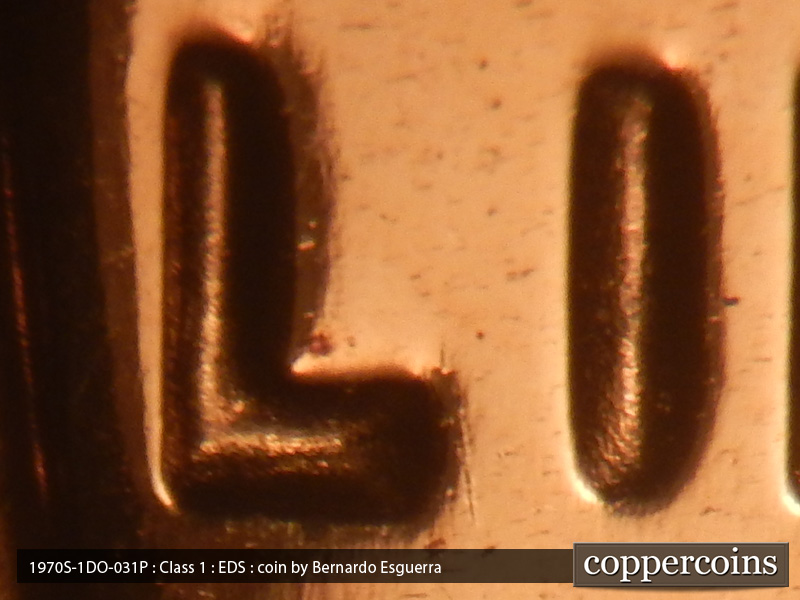 Die-stage A marker on 1970S•1DO•031P (1970 Doubled Die Obverse).