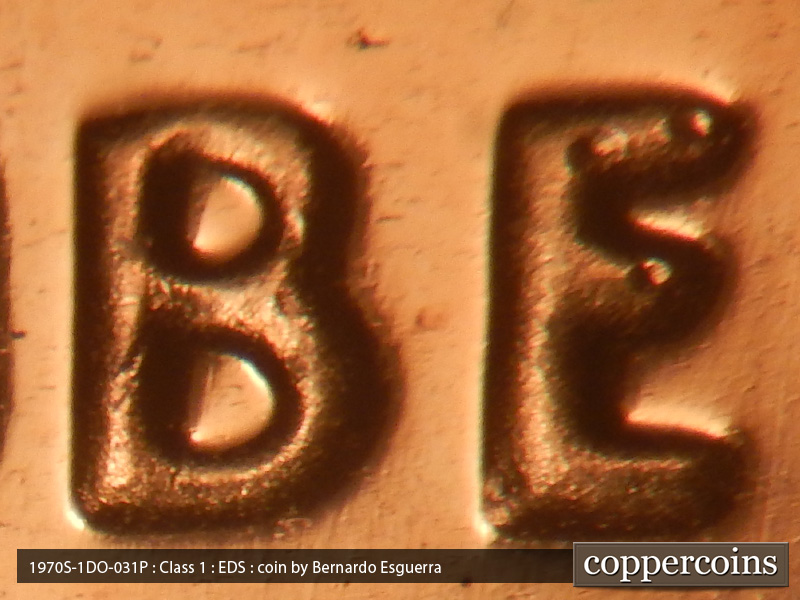 Die-stage A marker on 1970S•1DO•031P (1970 Doubled Die Obverse).