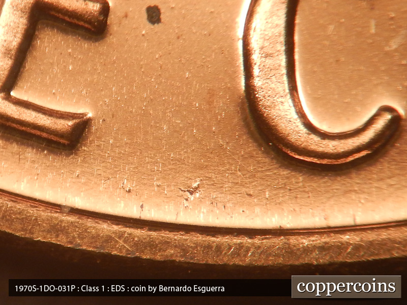 Die-stage A marker on 1970S•1DO•031P (1970 Doubled Die Obverse).