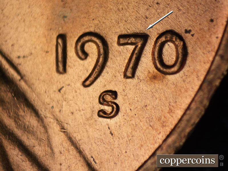 Die-stage A marker on 1970S•1DO•032 (1970 Doubled Die Obverse).