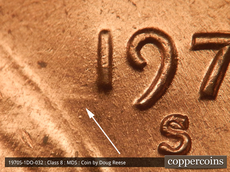 Die-stage B marker on 1970S•1DO•032 (1970 Doubled Die Obverse).