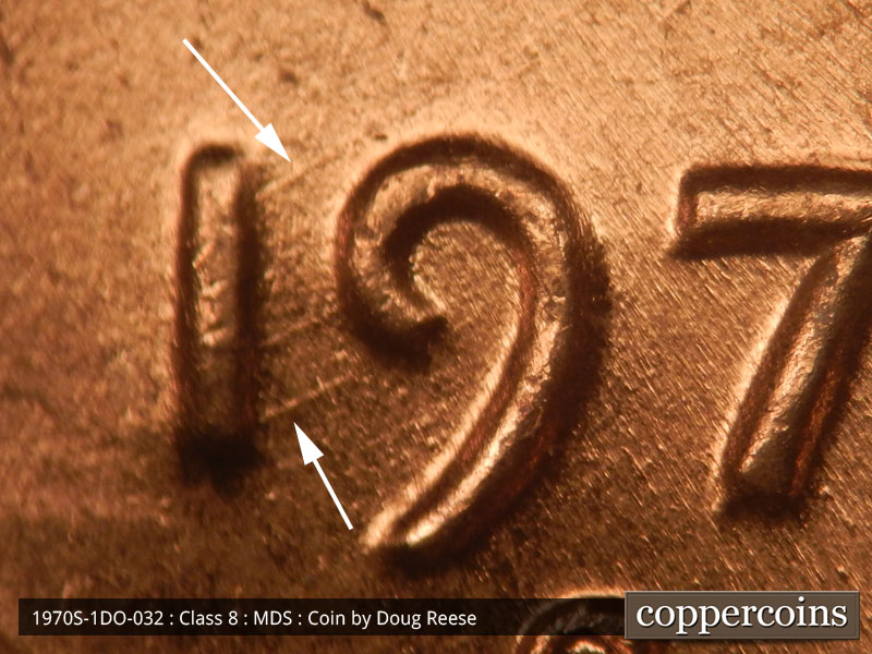 Die-stage B marker on 1970S•1DO•032 (1970 Doubled Die Obverse).