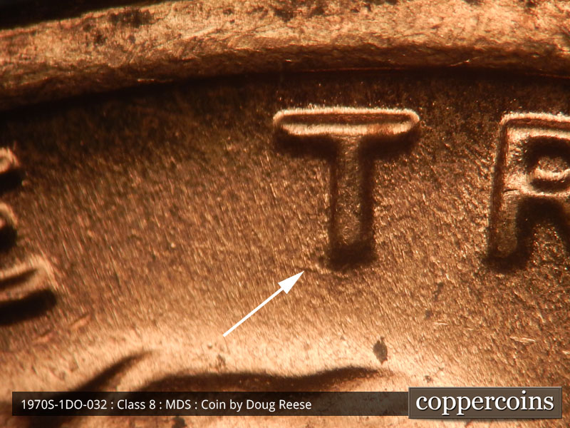 Die-stage B marker on 1970S•1DO•032 (1970 Doubled Die Obverse).