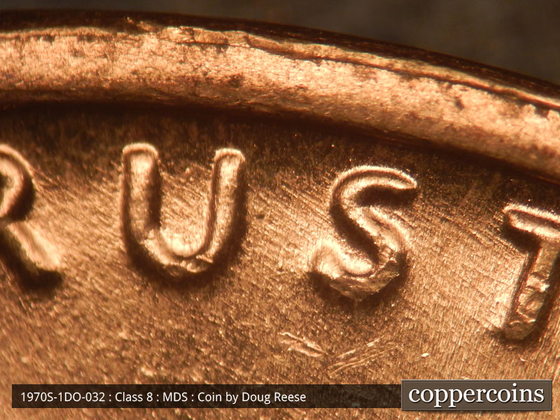 Die-stage B marker on 1970S•1DO•032 (1970 Doubled Die Obverse).