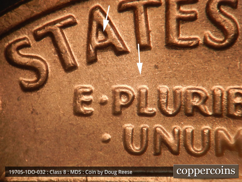 Die-stage B marker on 1970S•1DO•032 (1970 Doubled Die Obverse).