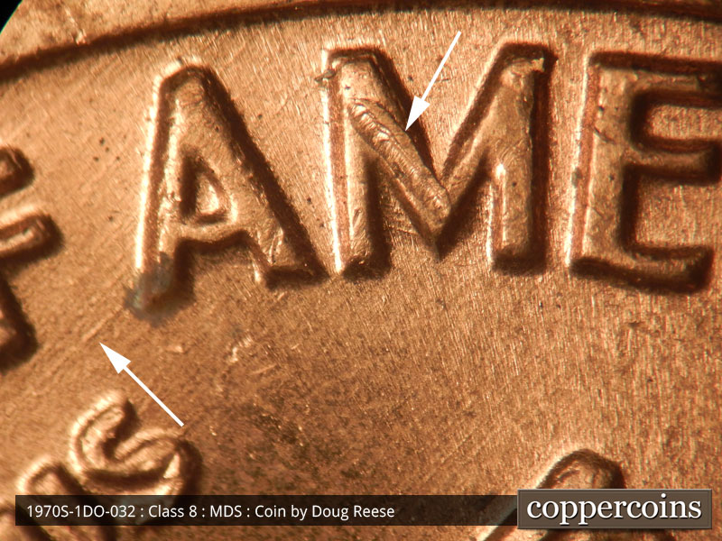 Die-stage B marker on 1970S•1DO•032 (1970 Doubled Die Obverse).