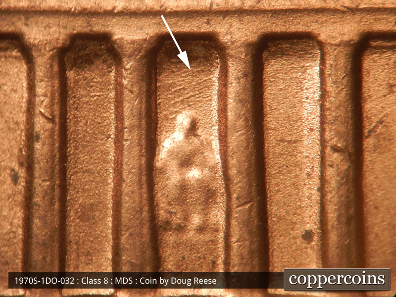 Die-stage B marker on 1970S•1DO•032 (1970 Doubled Die Obverse).