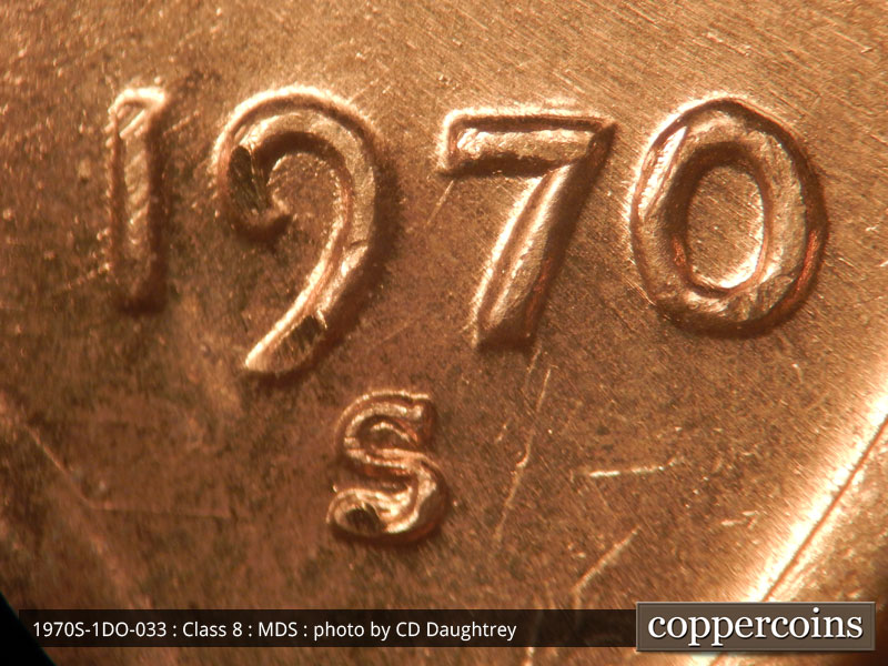 Die-stage B marker on 1970S•1DO•033 (1970 Doubled Die Obverse).