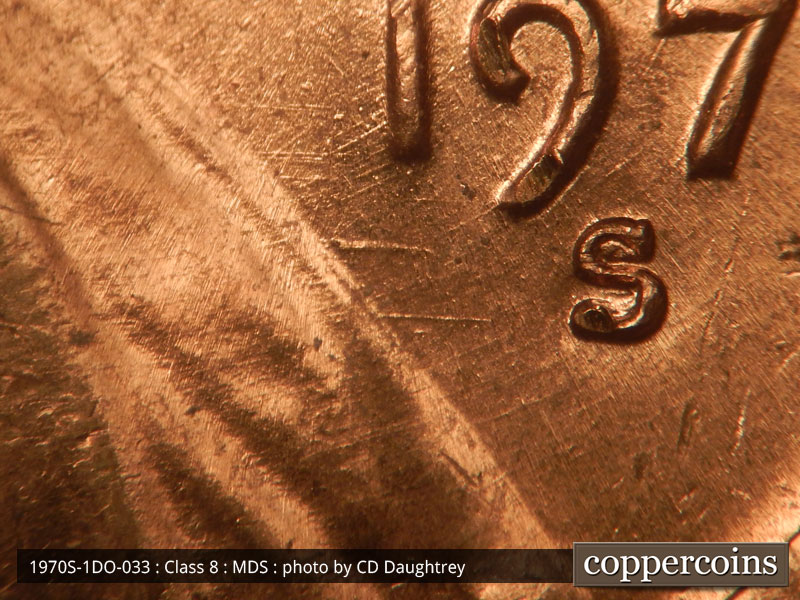 Die-stage B marker on 1970S•1DO•033 (1970 Doubled Die Obverse).