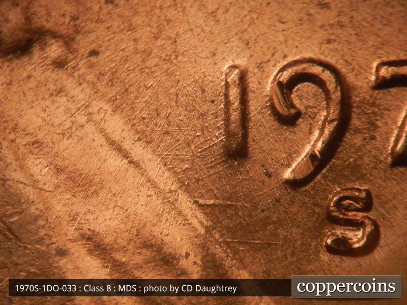 Die-stage B marker on 1970S•1DO•033 (1970 Doubled Die Obverse).