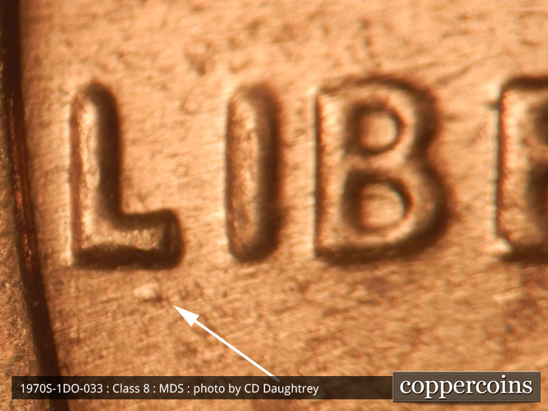 Die-stage B marker on 1970S•1DO•033 (1970 Doubled Die Obverse).