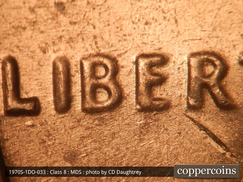 Die-stage B marker on 1970S•1DO•033 (1970 Doubled Die Obverse).
