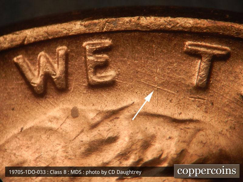 Die-stage B marker on 1970S•1DO•033 (1970 Doubled Die Obverse).