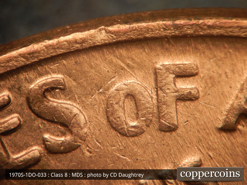 Die-stage B marker on 1970S•1DO•033 (1970 Doubled Die Obverse).