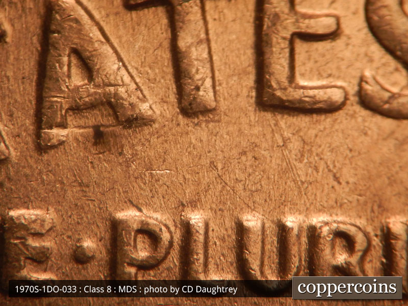 Die-stage B marker on 1970S•1DO•033 (1970 Doubled Die Obverse).