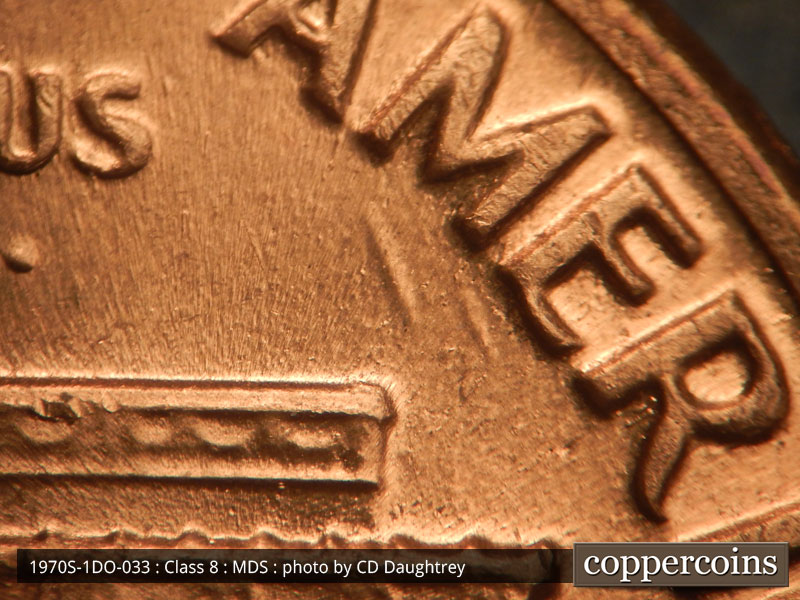 Die-stage B marker on 1970S•1DO•033 (1970 Doubled Die Obverse).