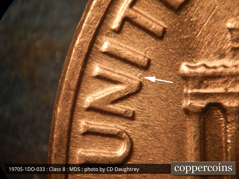 Die-stage B marker on 1970S•1DO•033 (1970 Doubled Die Obverse).