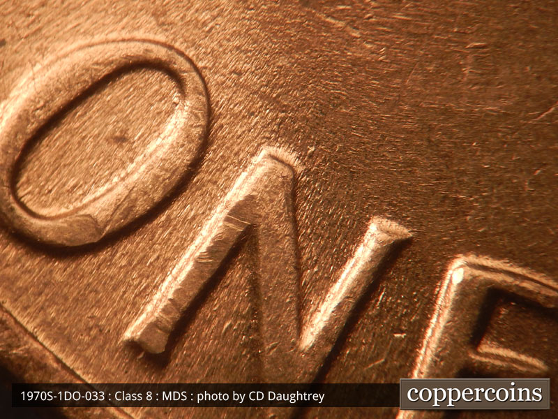 Die-stage B marker on 1970S•1DO•033 (1970 Doubled Die Obverse).