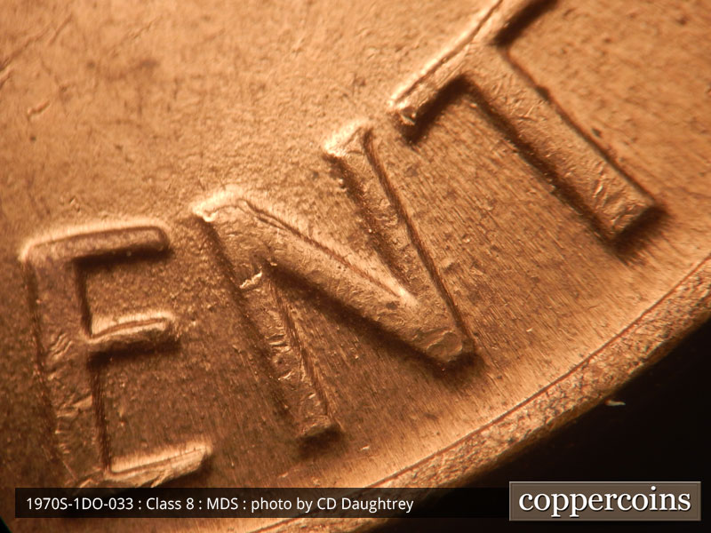 Die-stage B marker on 1970S•1DO•033 (1970 Doubled Die Obverse).