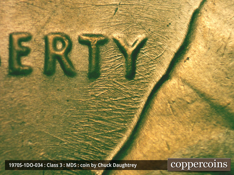 Die-stage B marker on 1970S•1DO•034 (1970 Doubled Die Obverse).