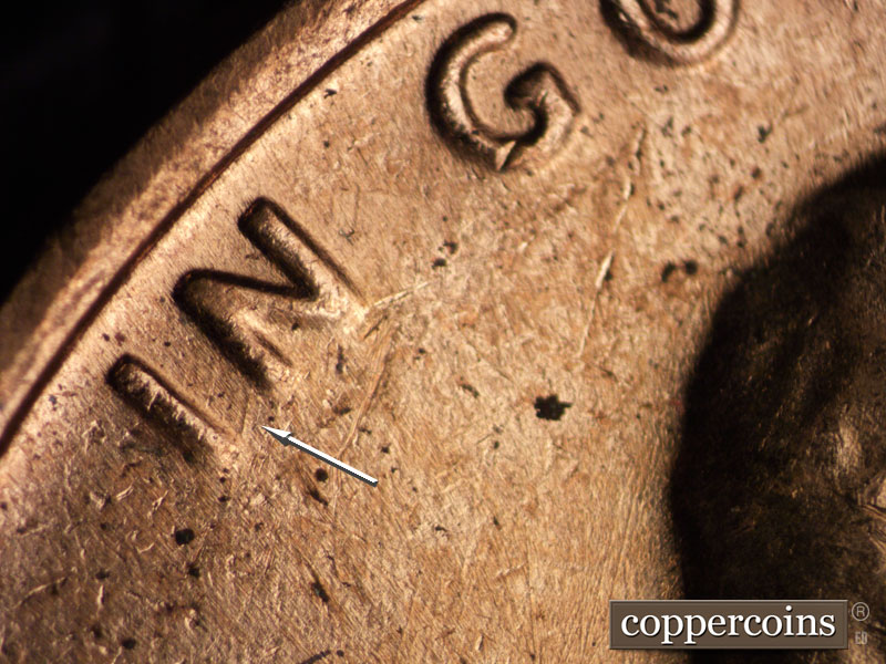 Die-stage B marker on 1970S•1DO•039 (1970 Doubled Die Obverse).