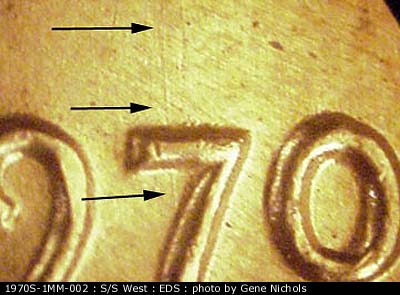 Die-stage A marker on 1970S•1MM•002 (1970 Repunched Mint Mark).