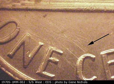 Die-stage A marker on 1970S•1MM•002 (1970 Repunched Mint Mark).