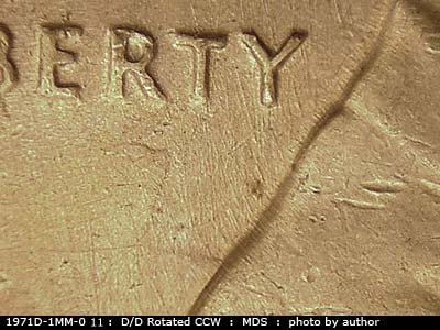Die-stage B marker on 1971D•1MM•011 (1971 Repunched Mint Mark).