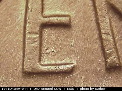 Die-stage B marker on 1971D•1MM•011 (1971 Repunched Mint Mark).